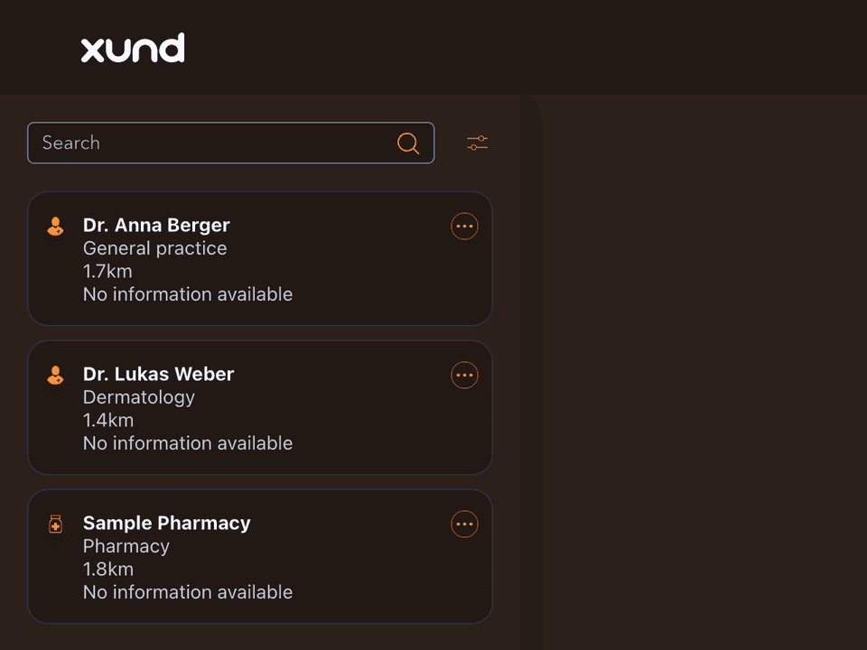The same list in dark mode with orange icons on dark brown cards.