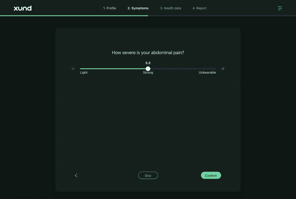 The same question in dark mode with a light green progress line, slider and Confirm button on a dark green card.