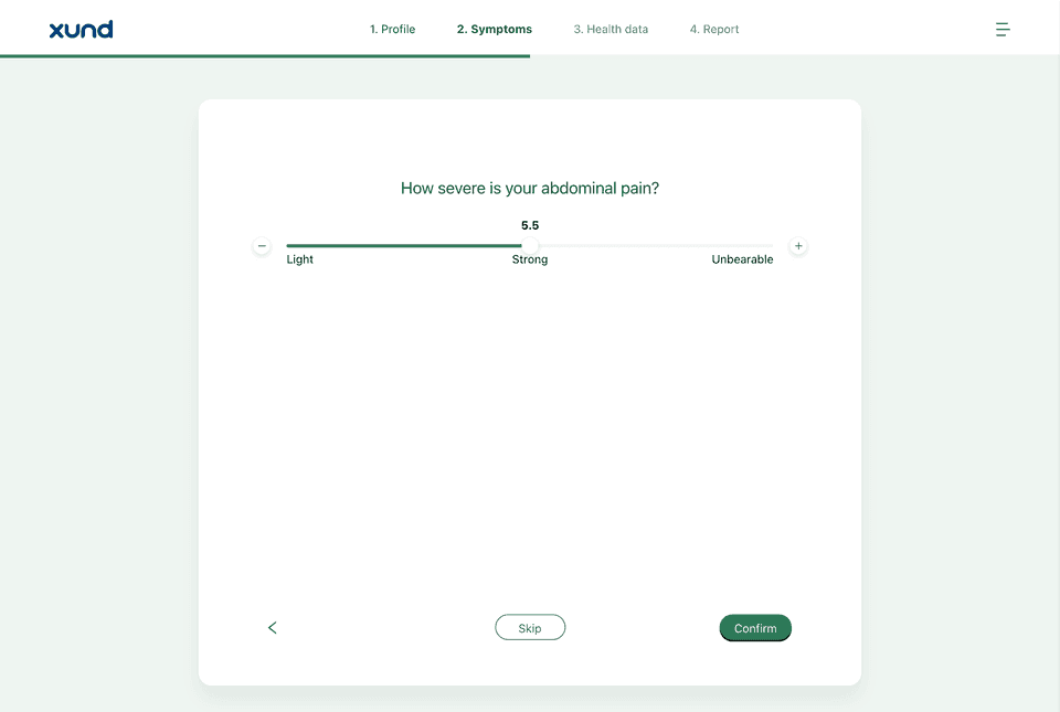 A pain-scale question in light mode with a green progress line, a green slider and a green Confirm button.