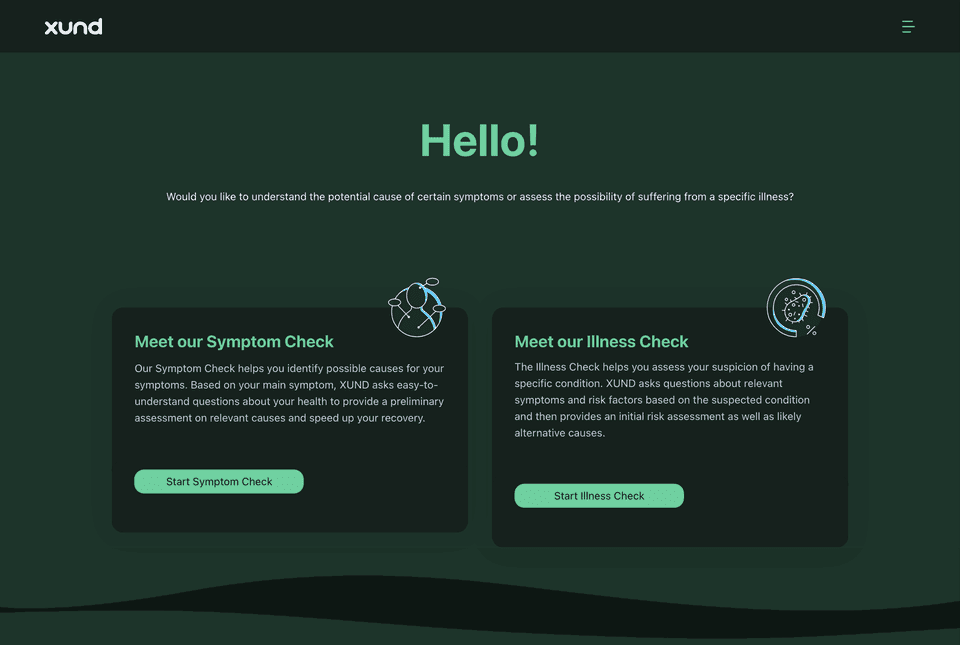 The start screen in dark mode with light green titles and light green Start buttons with dark labels on dark green surfaces.