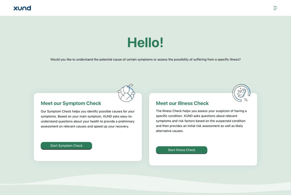The start screen in light mode with a green page title, green card titles and green Start buttons on a light green page.
