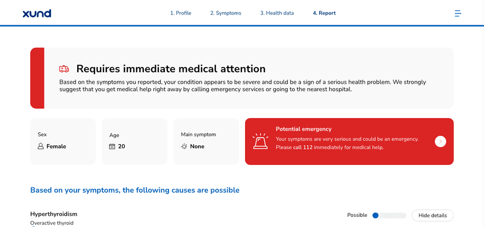 The top of a Symptom Check report with the XUND light colours: a light header card, the red Potential emergency box and a blue section title.