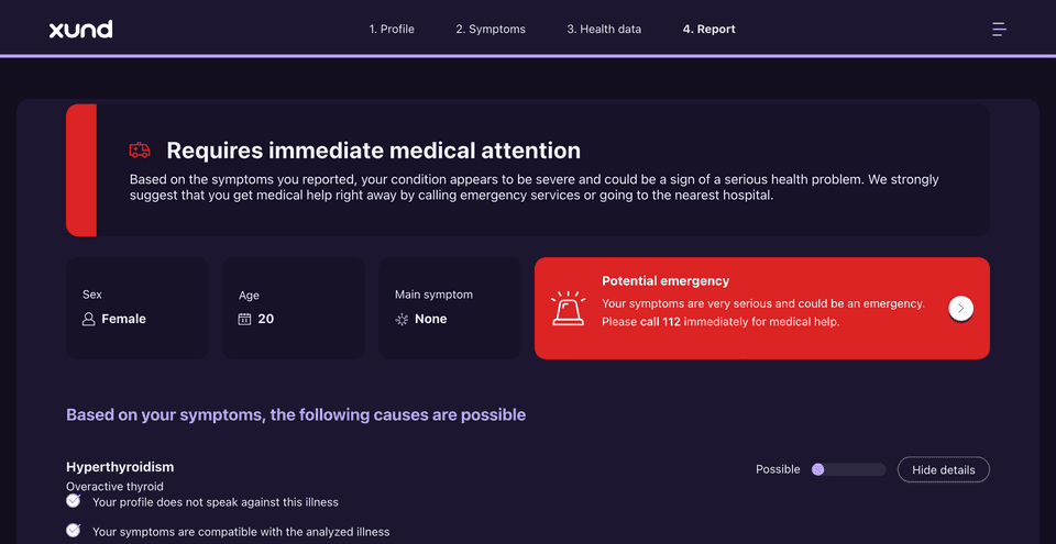 The same report in dark mode with light purple section titles on dark purple surfaces. The red emergency box does not change.
