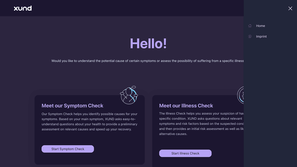 The same screen in dark mode with the side menu open on dark purple surfaces.